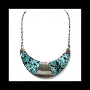 Blue Snake Skin Look On silver Tone Half Moon Shape Necklace